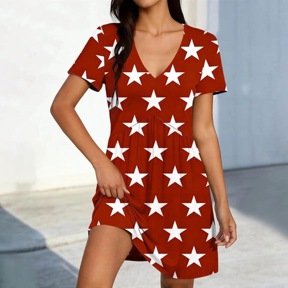 Gamivast Dresses for Women Short Sleeve V-Neck Babydoll Mini Dress Star Print A-Line Swing Sundress Casual Summer Holiday Vacation Cute Dress Red XXL