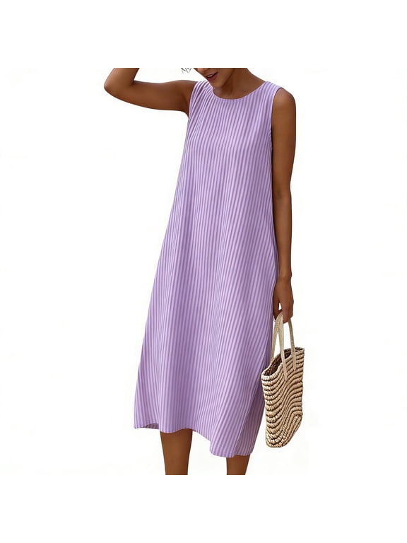 Dresses for Women Sleeveless Pleated Midi Dress Shift Dress Loose Fit Casual Dress Elegant Dress Vacation Dress Spring Summer Wear Purple XL