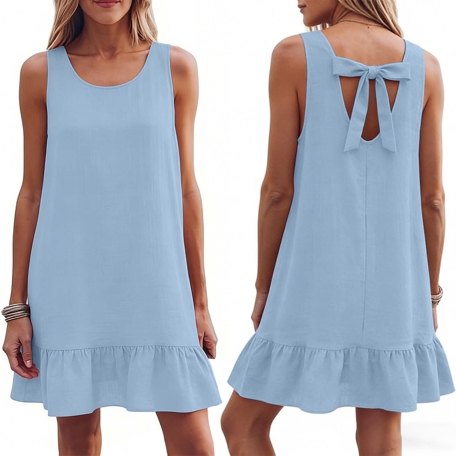 Gamivast Dresses for Women Sleeveless Scoop Neck Bow Back Ruffle Hem ...