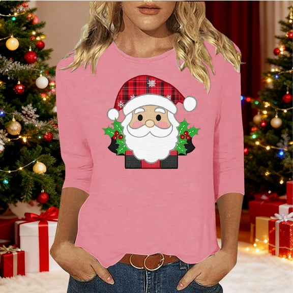 Gamivast Dressy Christmas Tops for Ladies Casual 3/4 Sleeve T-Shirts Round Neck Cute Graphic Tunic Pullover Xams Santa Basic Tees Holiday Party Blouses Travel Loose Tee Tops