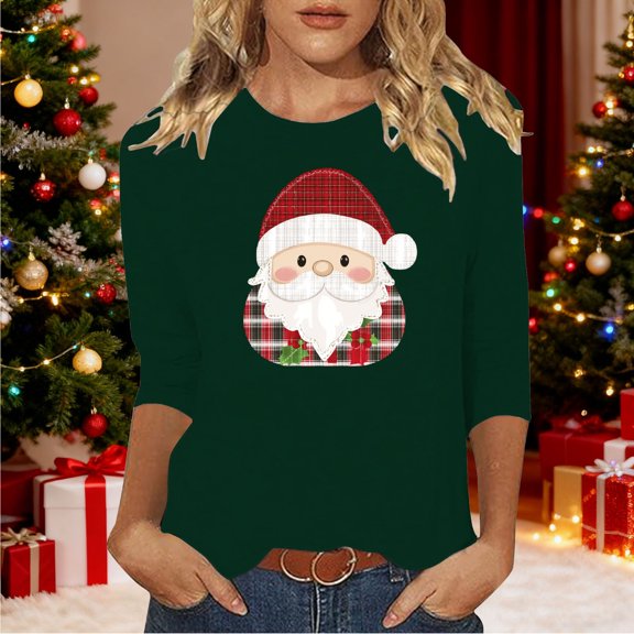 Gamivast Dressy Christmas Tops for Ladies Crew Neck Shirt Party Santa Graphic Three Quarter Sleeve Tops Funny Xmas Tee Winter Holiday Tees Cute Casual Loose Blouse 3XL
