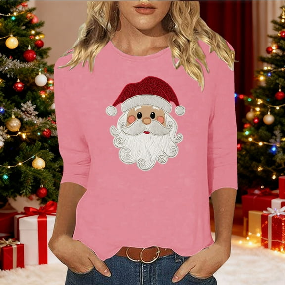 Gamivast Dressy Christmas Tops for Ladies Three Quarter Sleeve Santa T-Shirt Cute Graphic Holiday Crewneck Casual Tunics Tops Winter Trendy Xmas Tees Family Matching Tops Blouse