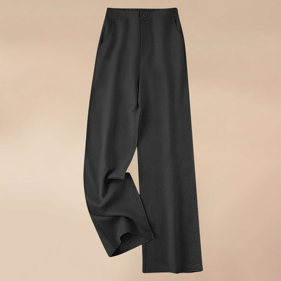 Gamivast Dressy Linen Pants for Women Loose Straight Leg Trousers with Pockets Travel Beach Elastic Waist Pants Casual Lightweight Button Solid Trouser