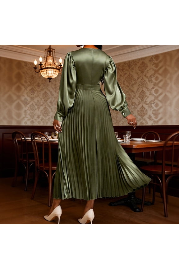 Elegant Dresses for Women A Line Crew Neck Long Lantern Sleeve formal Dress Pleated Midi Evening Dresses Satin Texture Wedding Cocktail