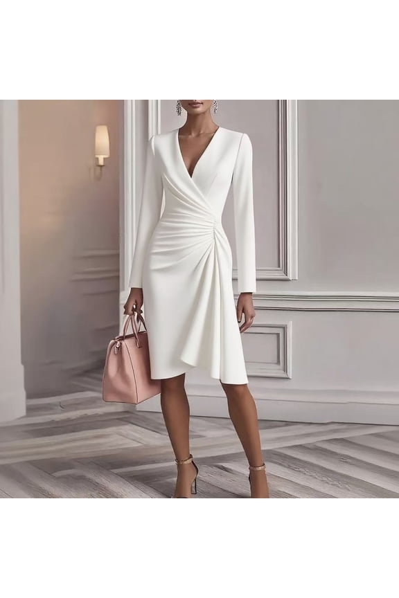 Elegant Dresses for Women Long Sleeve V-Neck Ruched Cocktail Dress Fitted Empire Waist Wrap Dress Midi Formal Wedding Guest Office Work Wear