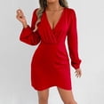 thumbnail image 1 of Gamivast Emerald Green Dress for Women Long Sleeve V-Neck Satin Wrap Dress Ruched Waist Cocktail Dress Elegant Mini Wedding Guest Party Date Night, 1 of 8