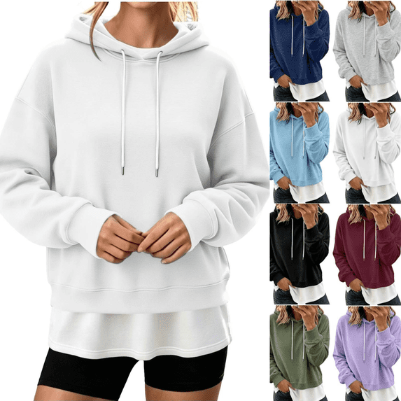 Gamivast False Two Piece Hoodies for Women Oversized Long Sleeve Sweatshirts Pullover Fall Trendy Hooded Pullover White XXL