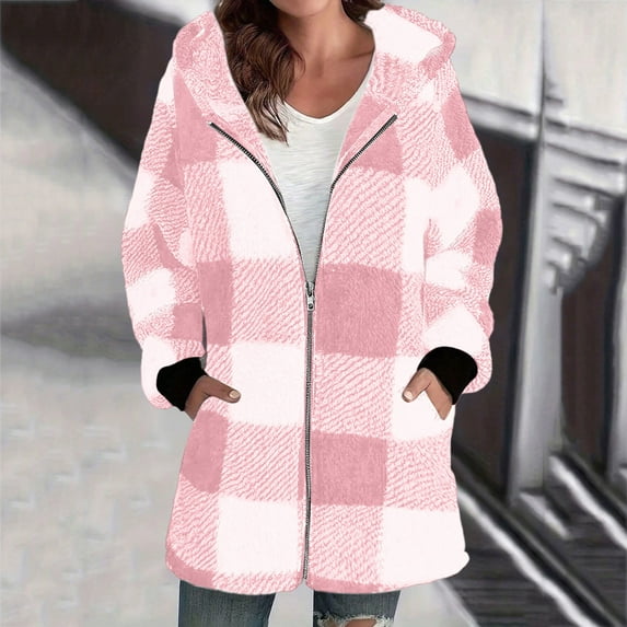 Gamivast Faux Fur Hooded Jackets for Women Plaid Oversized Zip up Fleece Jacket with Pockets Winter Warm Cuffed Long Sleeve Outerwear Casual Loose Color Block Coat
