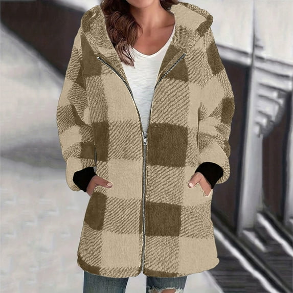 Gamivast Faux Fur Hooded Jackets for Women Plaid Oversized Zip up Fleece Jacket with Pockets Winter Warm Cuffed Long Sleeve Outerwear Casual Loose Color Block Coat