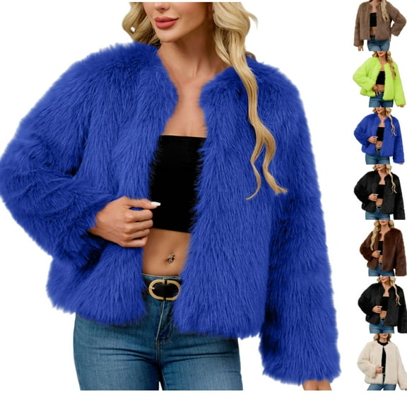 Gamivast Faux Fur Jackets for Women 2025 Fuzzy Cropped Crew Neck Fleece Coats Casual Loose Long Sleeve Open Front Fuzzy Outerwear Winter Warm Trendy Clothes