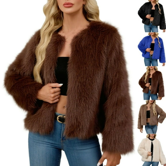 Gamivast Faux Fur Jackets for Women 2025 Fuzzy Cropped Crew Neck Fleece Coats Casual Loose Long Sleeve Open Front Fuzzy Outerwear Winter Warm Trendy Clothes