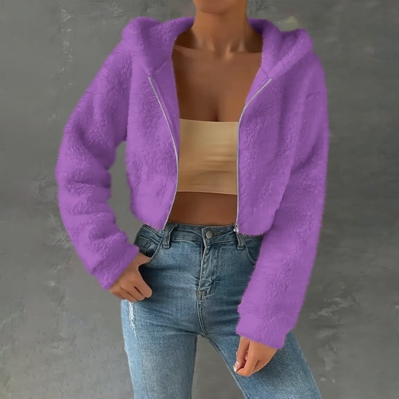 Gamivast Faux Fur Jackets Women Cropped Lightweight Hooded Zip up Fuzzy Fleece Coat Casual Warm Long Sleeve Solid Winter Outerwear Clothes for Cold Weather