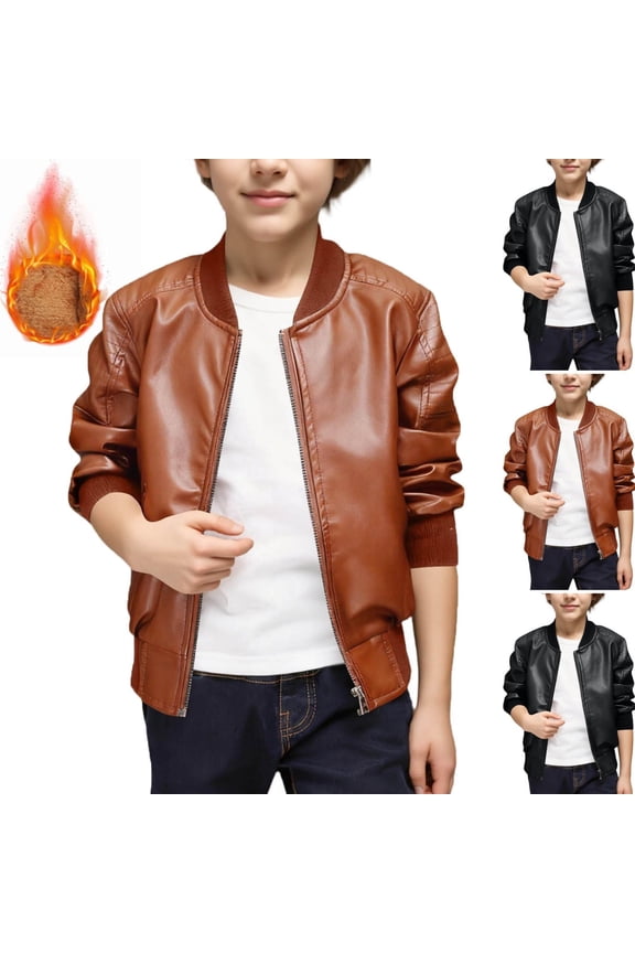 Faux Leather Jacket Kids Warm Winter Zip up Crewneck Bomber Fleece Lined Coats for Boys Girls and Teen Fashion Long Cuffed Sleeve Thick Outerwear with Pockets (2-16)