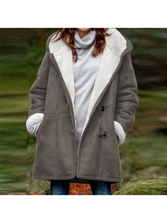 Faux Suede Jacket for Women Sherpa Lined Mid Length Winter Coat Hooded Warm Outerwear with Toggle Button and Pockets Cozy Casual for Cold Weather XXL