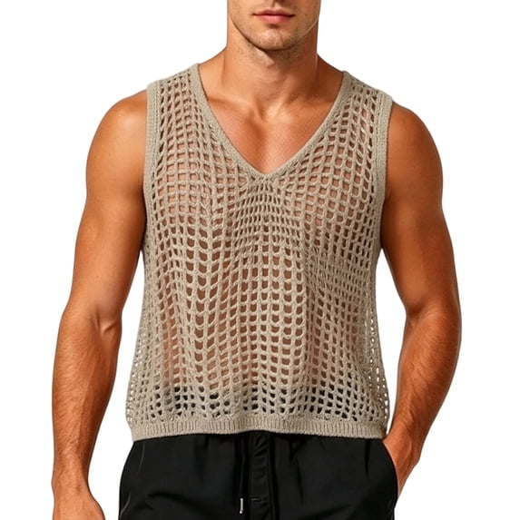 Gamivast Fishnet Tank Top for Men Sleeveless Mesh Shirt See-Through Muscle Tee Breathable Summer Activewear for Party Clubwear Beach Vacation Khaki Free Size