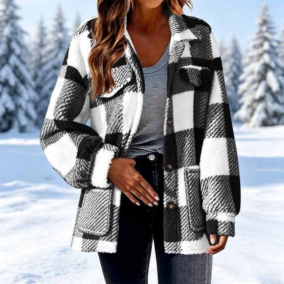 Gamivast Flannel Shacket for Women Fleece Button Down Plaid Coats with Pockets Long Sleeve Jackets Warm Fall Winter Outerwear Black L