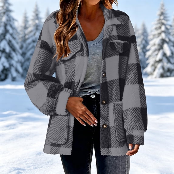 Gamivast Flannel Shacket for Women Fleece Button Down Plaid Coats with Pockets Long Sleeve Jackets Warm Fall Winter Outerwear Dark Gray M