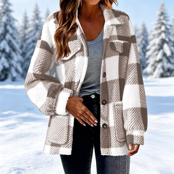 Gamivast Flannel Shacket for Women Fleece Button Down Plaid Coats with Pockets Long Sleeve Jackets Warm Fall Winter Outerwear Khaki L