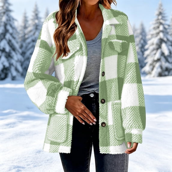 Gamivast Flannel Shacket for Women Fleece Button Down Plaid Coats with Pockets Long Sleeve Jackets Warm Fall Winter Outerwear Mint Green S