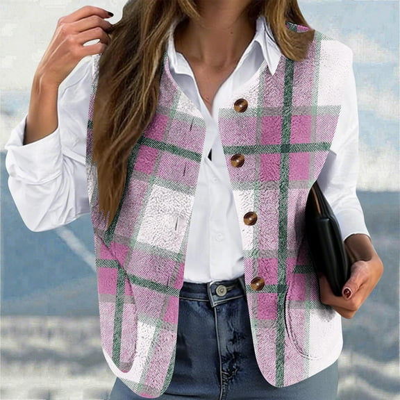 Gamivast Flannel Vest Women Plus Size Plaid Sleeveless Collarless Fleece Jackets with Pockets Fall Fashion Loose Button Down Outerwear Soft Outdoor Clothes