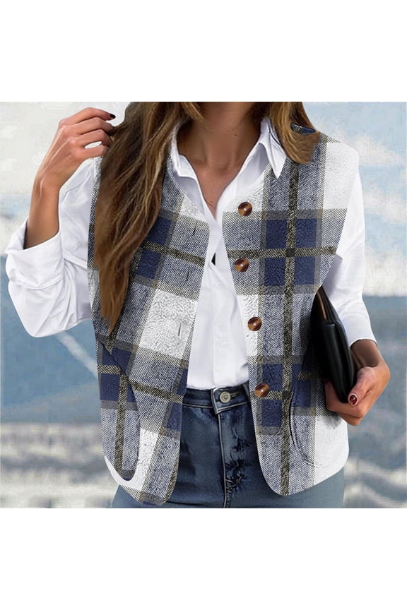 Flannel Vest Women Plus Size Plaid Sleeveless Collarless Fleece Jackets with Pockets Fall Fashion Loose Button Down Outerwear Soft Outdoor Clothes