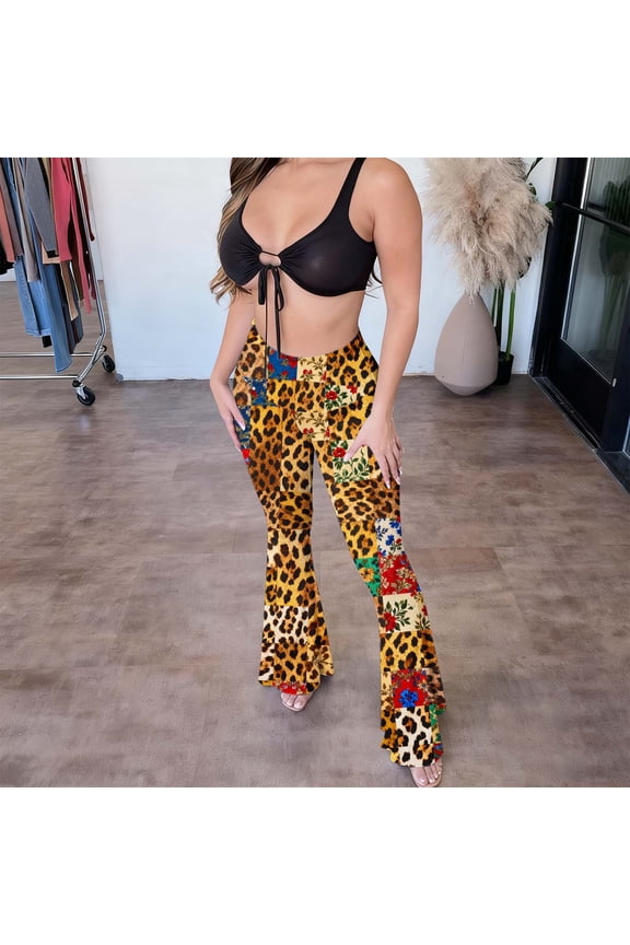 Flare Leggings for Women Leopard Print High Waisted Tummy Control Stretchy Yoga Pants Trendy Casual Pull on Loose Fitted Pant Streetwear