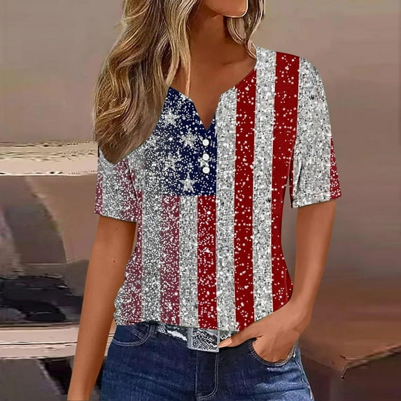Gamivast 4th of July Womens 3/4 Sleeve Tops Blouses Dressy Casual Usa Flag Print Graphic Tees Blouses Casual Plus Size Basic Tops Fashion Festival Shirts XXXL at