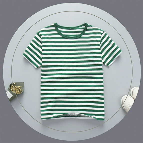 Gamivast Boys Girls T-Shirts Stripe Cotton Unisex Top Summer New Striped Short Sleeve T Shirt Basic Crew Neck Tee Shirts Green Account Purchase History