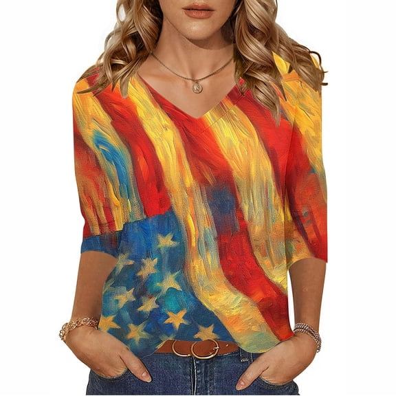 Gamivast 4th of July 3/4 Length Sleeve Womens Tops Usa Flag Print V Neck Summer Shirts Casual Elbow Length Shirt Red S Placed Recently by Me Delivery Status