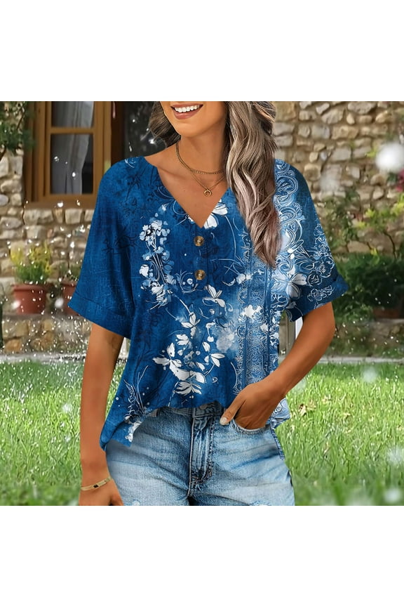 Summer Shirts for Women Short Sleeve V Neck Blouses Shirts Floral Double Layers Tunics Tops Vacation Casual Trendy Loose Fit Shirts Blue M Recent