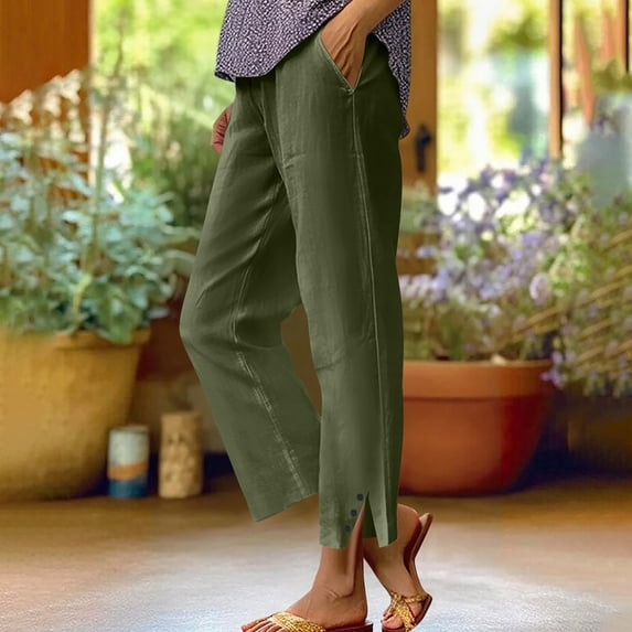 Gamivast of the Day Linen Pants Women Elastic Waist Straight Wide Leg Cropped Pants Vacation Casual Boho Beach Pants Clearance Clothes Under $5.00