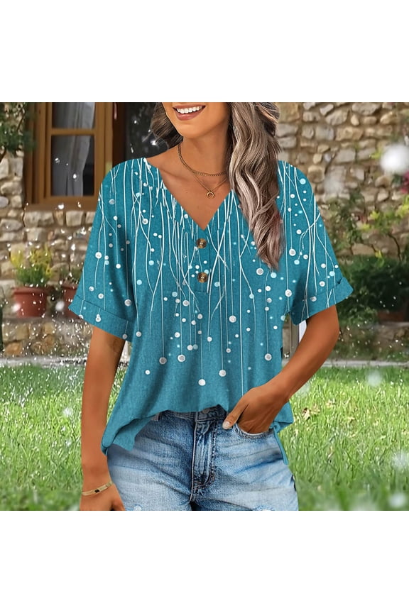of the Day Summer Shirts for Women Casual Button V-Neck T-Shirt Loose and Elastic Fashion Printing Shirts Vacation Casual Trendy Loose Fit Shirts Blue M My Recent Placed