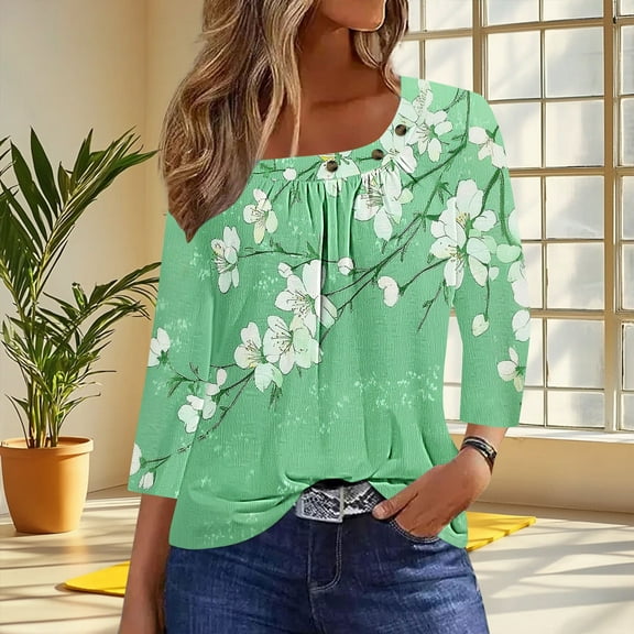 Gamivast Tops for Women 2025 Pleated Tunic Tops 3/4 Length Sleeve Shirts Casual Crew Neck Floral Loose Fit Tops Green L Placed Recently by Me Delivery Status