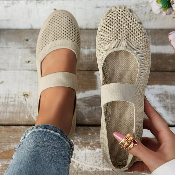 Gamivast Flat Shoes for Women Breathable Knit Flat Shoes Mary Jane Strap Ballet Flats Office Work Travel Walking Nursing Daily Casual Footwear Beige 39