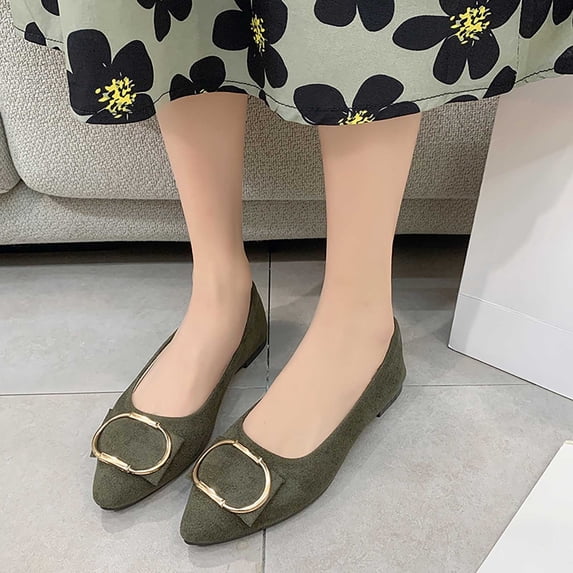 Gamivast Flat Shoes for Women Buckle Detail Faux Suede Ballet Flats Pointed Toe Slip On Dress Flats for Office Work Wedding Party Travel Footwear Army Green 40