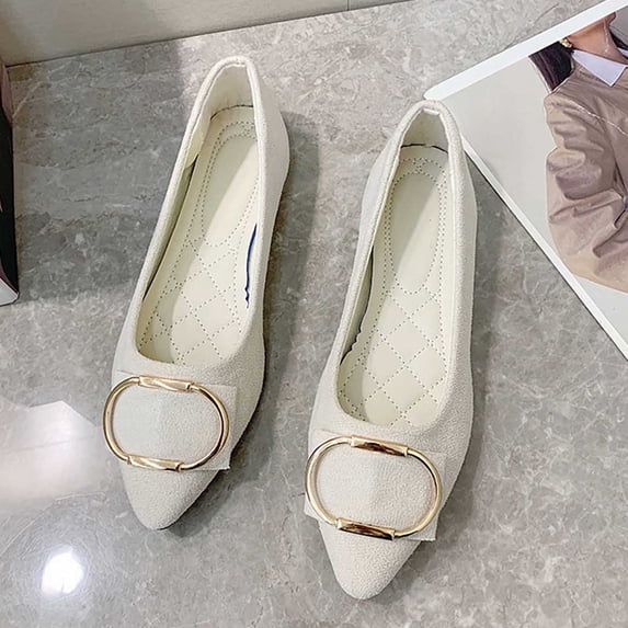 Gamivast Flat Shoes for Women Buckle Detail Faux Suede Ballet Flats Pointed Toe Slip On Dress Flats for Office Work Wedding Party Travel Footwear Beige 41