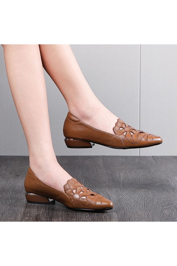 Flats for Women Low Heel Cutout Slip on Leather Shoes Comfortable Floral Non Slip Flats Shoes Trendy Dressy Work Outfits