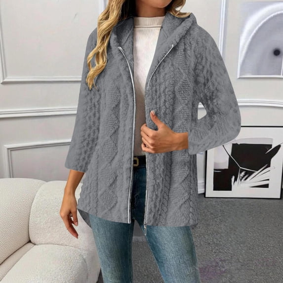 Gamivast Fleece Jacket for Women Cable Knit Full Zip up Hooded Long Cardigan Flattering Casual Winter Warm Overcoat Outerwear with Pockets Daily Wear XL