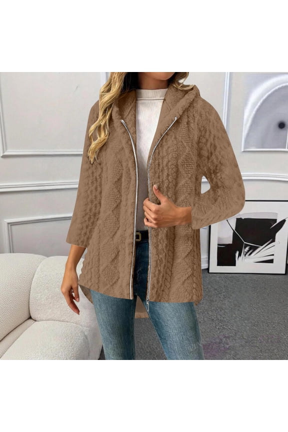 Fleece Jacket for Women Cable Knit Full Zip up Hooded Long Cardigan Flattering Casual Winter Warm Overcoat Outerwear with Pockets Daily Wear XXL