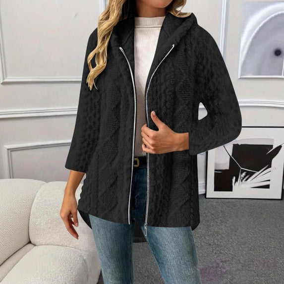 Gamivast Fleece Jacket for Women Cable Knit Full Zip up Hooded Long Cardigan Flattering Casual Winter Warm Overcoat Outerwear with Pockets Daily Wear XXL
