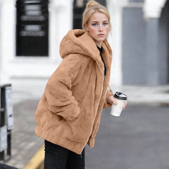 Gamivast Fleece Jacket for Women Oversized Zip up Hooded Fuzzy Sherpa Coat Warm Fluffy Winter Outerwear with Side Pockets Comfortable Casual Lounge Wear for Cold Weather M