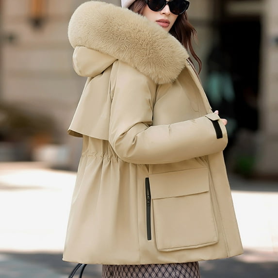 Gamivast Fleece Lined Coats for Women Oversized Zip up Button Down Faux Fur Hooded Jackets Winter Fuzzy Long Sleeve Outerwear with Pockets Warm Drawstring Waist Jacket