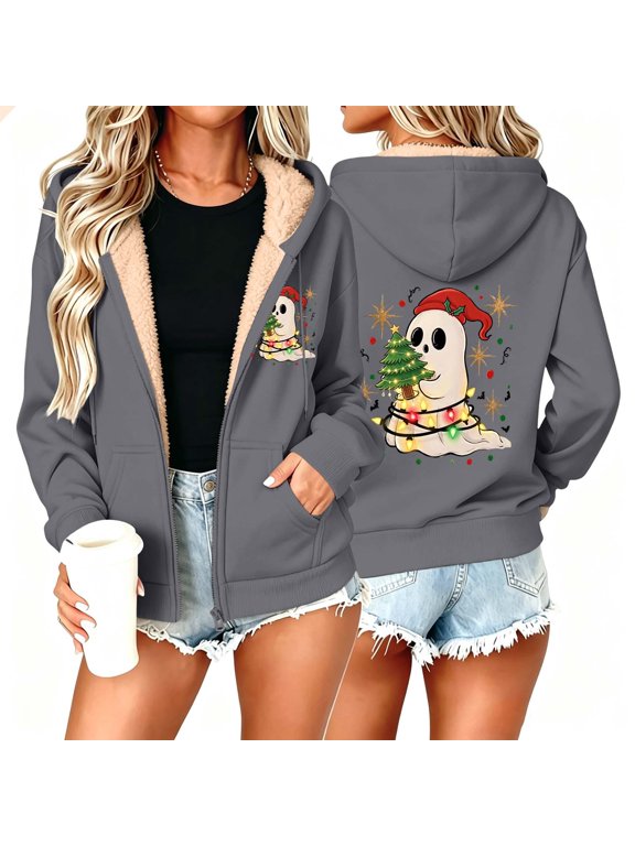 Fleece Lined Hoodie for Women Funny Ghost Graphic Zip up Sweatshirt Winter Warm Sherpa Jacket Novelty Holiday Outerwear with Pockets