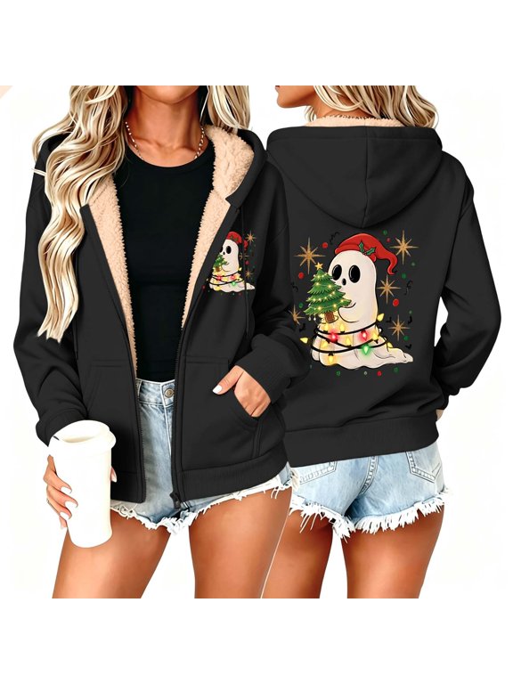Fleece Lined Hoodie for Women Funny Ghost Graphic Zip up Sweatshirt Winter Warm Sherpa Jacket Novelty Holiday Outerwear with Pockets