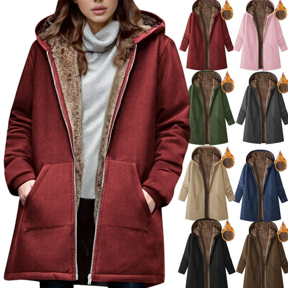 Gamivast Fleece Lined Jackets for Women Hooded Long Sleeve Zip up Fuzzy Sherpa Coats with Pockets Thick Winter Warm Mid Length Jackets Fall Fashion Outfits