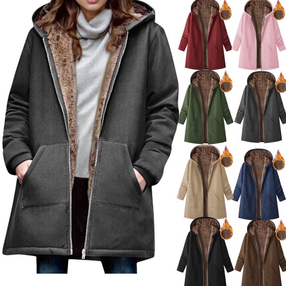 Gamivast Fleece Lined Jackets for Women Hooded Long Sleeve Zip up Fuzzy Sherpa Coats with Pockets Thick Winter Warm Mid Length Jackets Fall Fashion Outfits