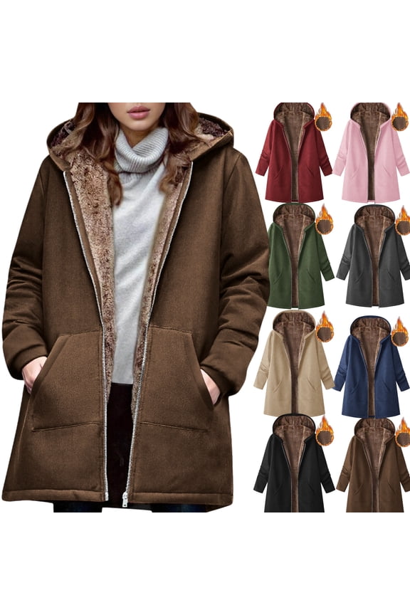 Fleece Lined Jackets for Women Hooded Long Sleeve Zip up Fuzzy Sherpa Coats with Pockets Thick Winter Warm Mid Length Jackets Fall Fashion Outfits