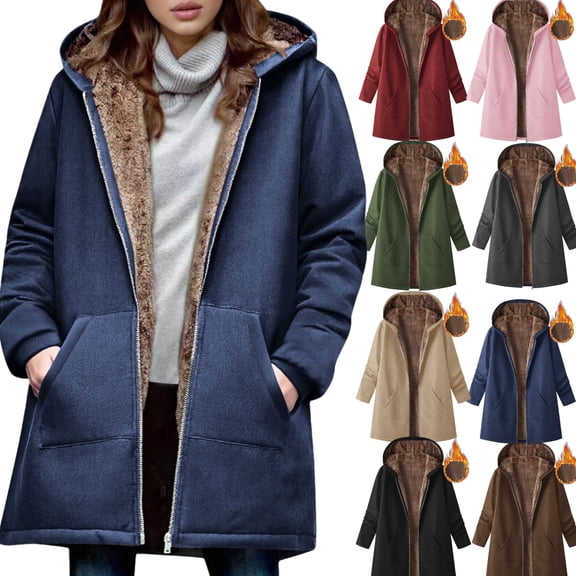 Gamivast Fleece Lined Jackets for Women Hooded Long Sleeve Zip up Fuzzy Sherpa Coats with Pockets Thick Winter Warm Mid Length Jackets Fall Fashion Outfits