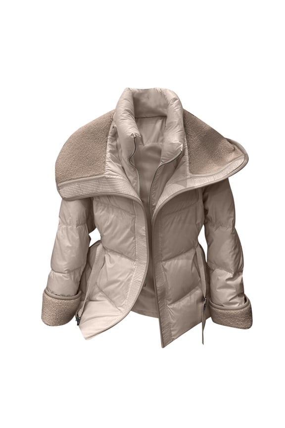 Fleece Lined Jackets Women Quilted Loose Fitted Zip up Stand Collar Sherpa Coats with Pockets Casual Rolled up Sleeve Outerwear with Belt Fall Fashion Clothes