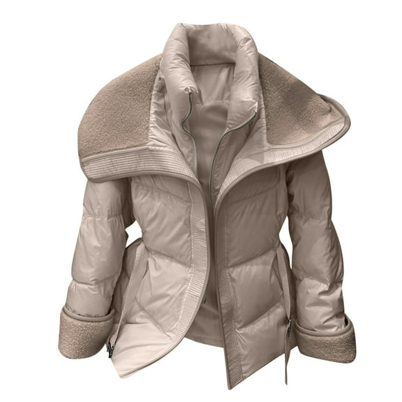 Gamivast Fleece Lined Jackets Women Quilted Loose Fitted Zip up Stand Collar Sherpa Coats with Pockets Casual Rolled up Sleeve Outerwear with Belt Fall Fashion Clothes
